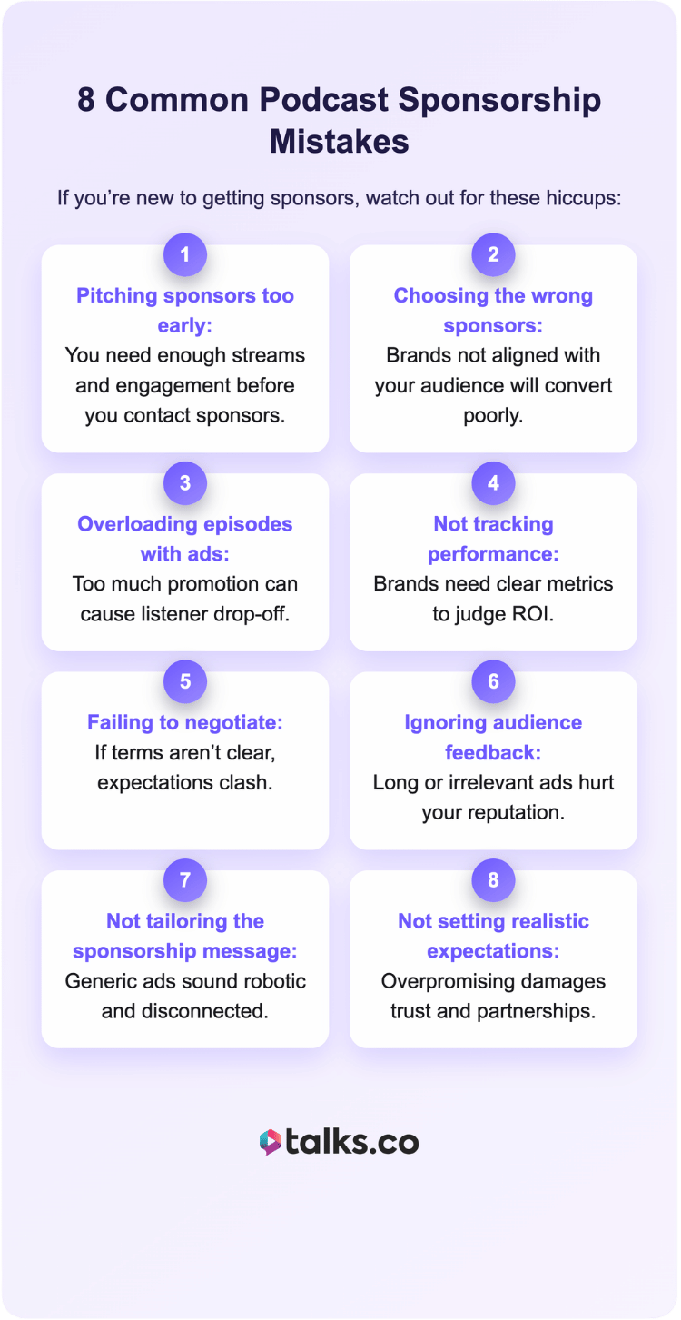 Infographic outlining eight common mistakes podcasters make with sponsorships, including pitching too early, choosing the wrong sponsors, overloading episodes with ads, and not tracking performance.