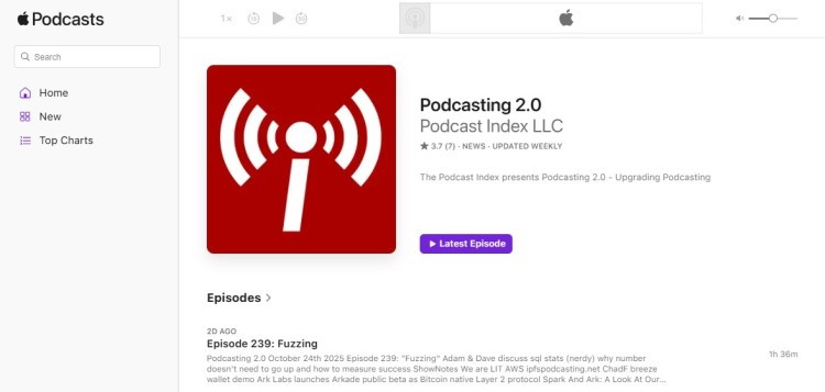 Apple Podcasts page displaying the Podcasting 2.0 show, which discusses innovations, technology, and trends shaping the modern podcasting space.