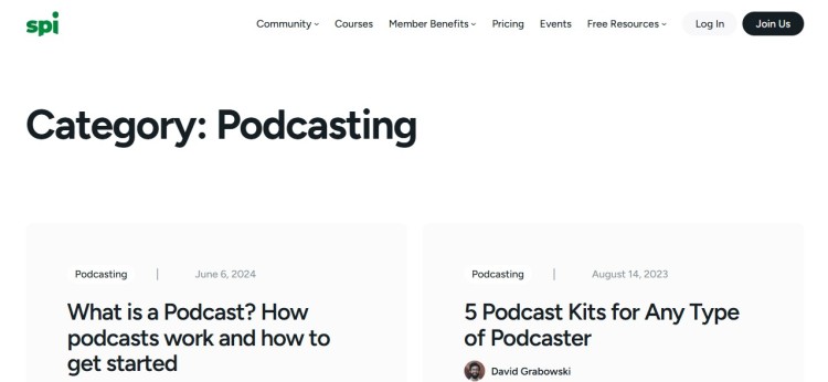 SPI podcasting category page serving as a source of information with guides on what a podcast is and how to get started.
