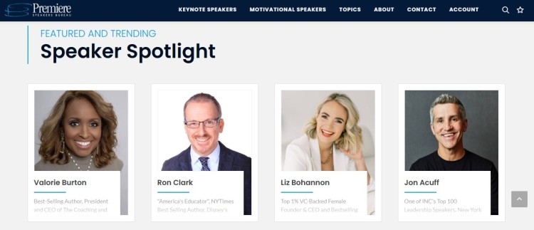 Public speaker spotlight page featuring multiple keynote and motivational speakers