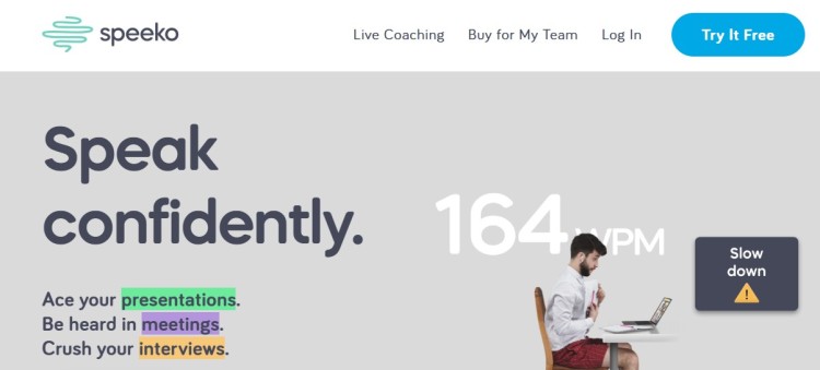 Public speaking skills training interface from Speeko showing real-time feedback to help users speak confidently in presentations, meetings, and interviews.