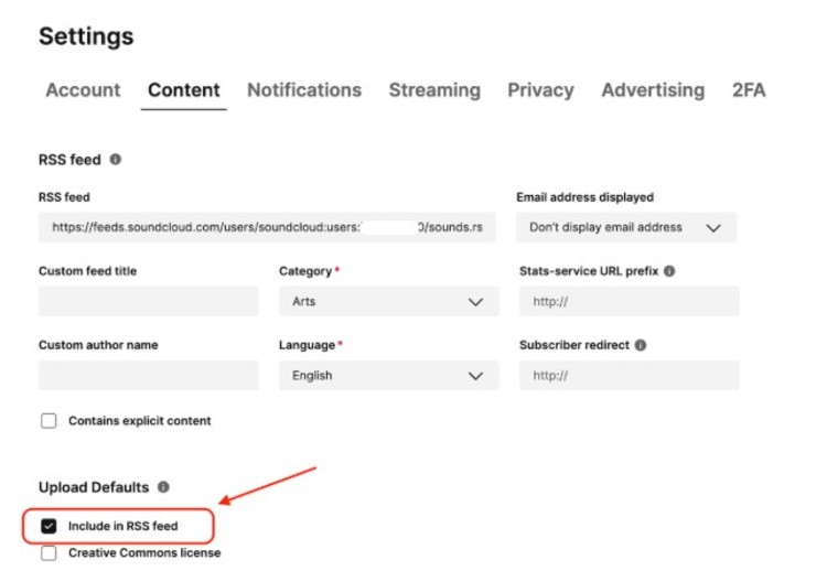 Publish a podcast on SoundCloud by enabling RSS feed settings, showing where to include episodes in the RSS feed.