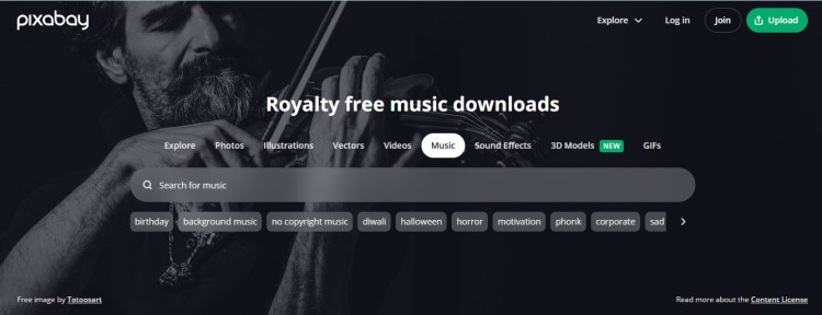 Pixabay music library interface showing how creators can find quality music for podcasts, videos, and other content with free royalty-free downloads.