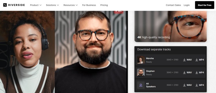 Remote podcast software interface showing recording your interview with separate audio and video tracks