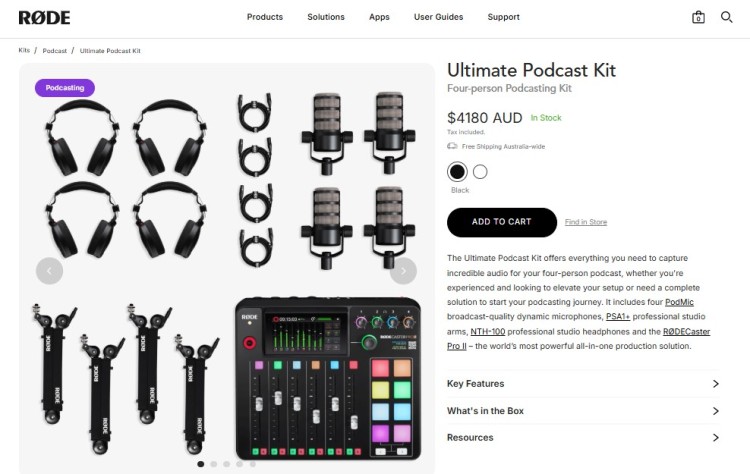Rode Ultimate Podcasting Kit showing microphones, headphones, boom arms, and the RodeCaster Pro II for a complete four-person podcasting kit.