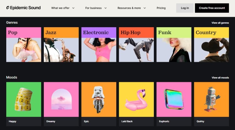Music library interface showing genres and moods to help creators find tracks to use in your podcast safely and legally.
