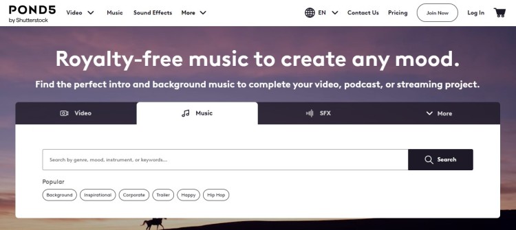 Music library interface showing how to find royalty-free podcast music for intros, background tracks, and audio projects by mood and genre.