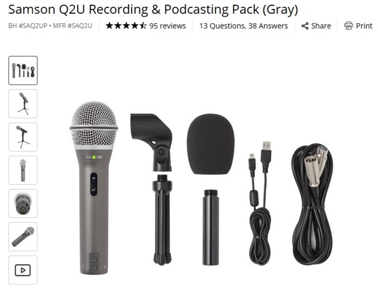 Samson Q2U podcast microphone kit with stand, windscreen, USB cable, and XLR cable for clear audio recording.