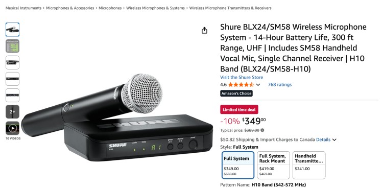 Shure BLX24/SM58 single mic wireless microphone system with handheld SM58 mic and receiver shown on a product listing page.