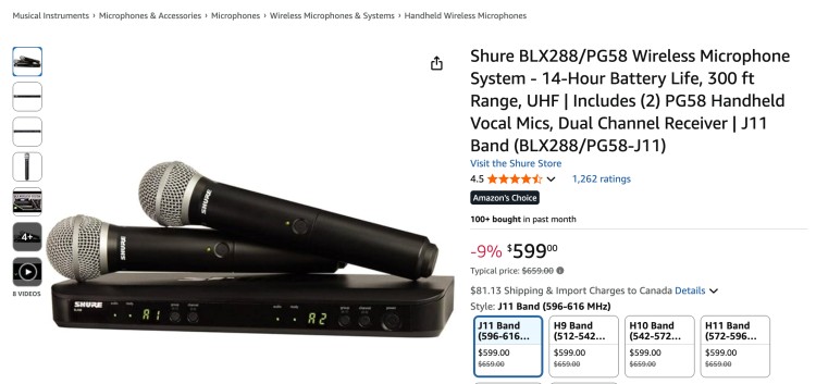 Shure BLX288/PG58 podcast microphone system with two handheld wireless microphones and dual channel receiver shown on a product listing page.