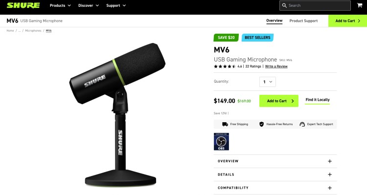 Shure MV6 USB microphone mounted on a desk stand shown on the official product page.