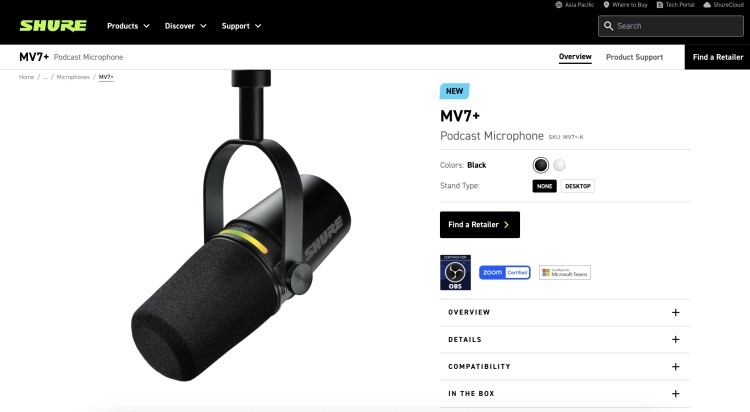 Shure mv7 plus podcast microphone shown on the official product page, designed for professional podcasting and voice recording.