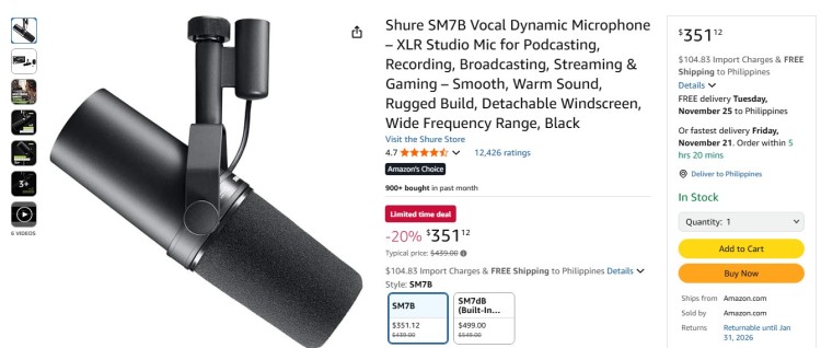 Shure SM7B dynamic microphone displayed on an Amazon product page, shown as a top choice for creators who want a high-quality podcast sound.