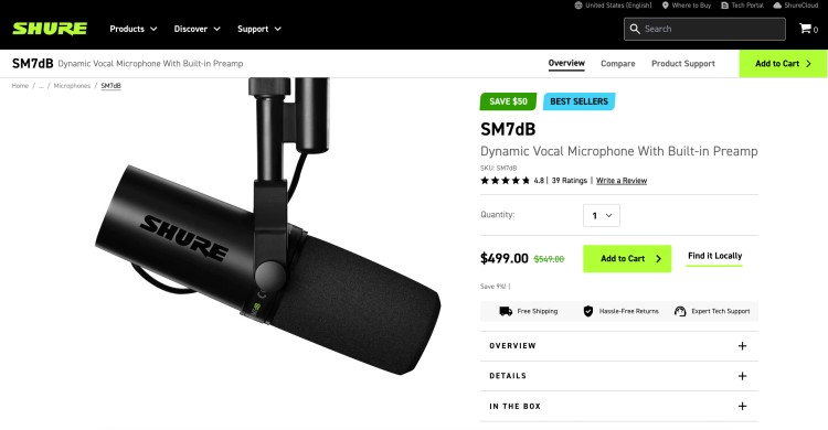 Shure SM7dB dynamic vocal microphone with built-in preamp displayed on the product page, showing the shure sm7db used for podcasting and broadcast audio.