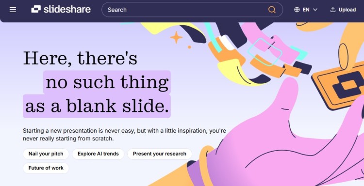 SlideShare presentation software homepage showing creative inspiration for building slides and visual storytelling.