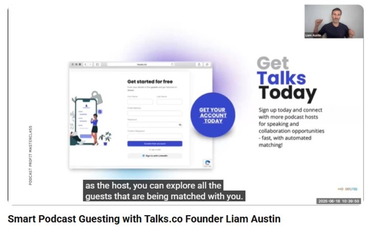 Liam Austin presenting a Talks.co walkthrough showing how podcast hosts and guests can connect, highlighting how automated matching helps expand events and reach through more collaboration opportunities.