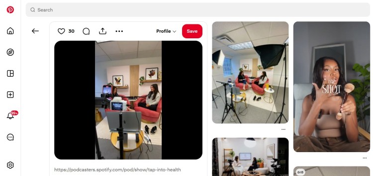 Pinterest feed showing behind-the-scenes video clips and studio shots from a social media podcast being promoted through visual content.