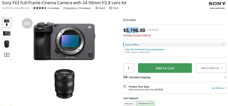Sony FX3 podcast camera with full-frame sensor and 24–50mm lens kit, displayed on a professional camera product page.