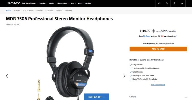 Sony MDR-7506 professional studio headphones shown on a product page, highlighting essential audio gear as equipment you need to start recording high-quality podcasts.