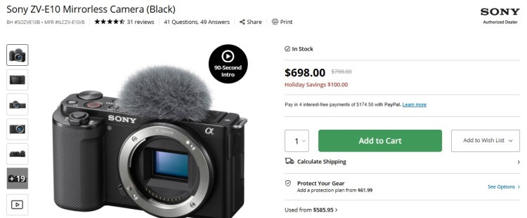 Sony ZV-E10 mirrorless camera product listing showing the camera body and windscreen, recommended for creators who use high-quality video in their podcast creation workflow.