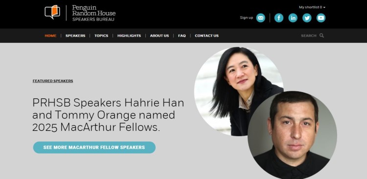 Featured speakers bureau page highlighting speakers they represent, including award-winning thought leaders