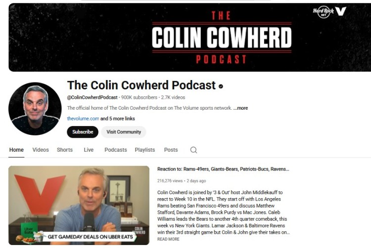 YouTube channel page showing a successful sports podcast creating content for youtube with full episodes, clips, and commentary.