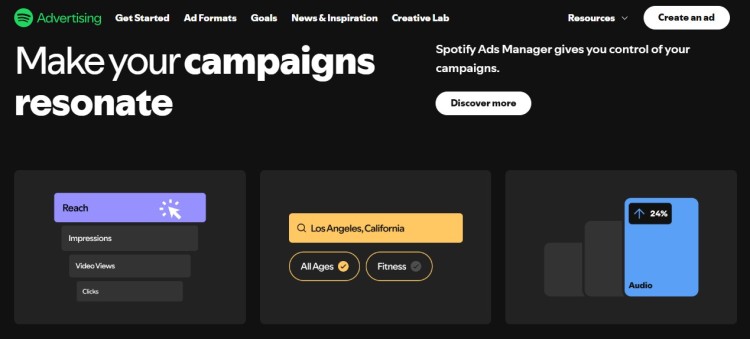 Spotify Ads Manager dashboard showing audience targeting and audio ad options that help you promote a podcast campaign effectively.