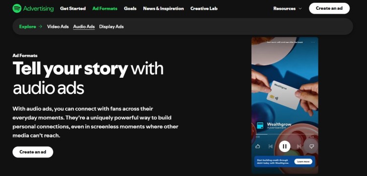 Spotify advertising page showcasing how brands can use authentic audio advertising to tell their story and connect with listeners through audio ads.