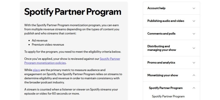 Spotify Partner Program dashboard explaining a podcast monetization strategy through ads, premium video revenue, and audience engagement metrics.