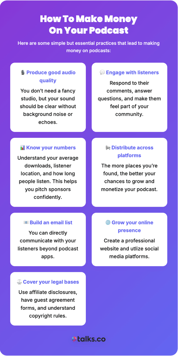 Infographic showing podcast strategies that help you make money, including audience engagement, distribution, email lists, and monetization basics.