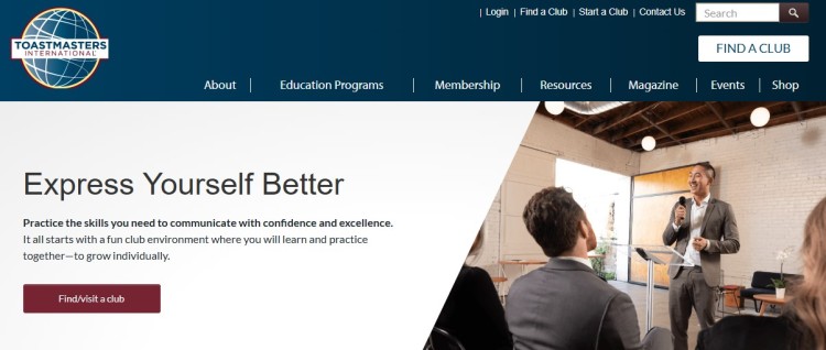 Toastmasters meeting where a speaker addresses a small audience, demonstrating how the program helps members practice and improve their speaking skills.