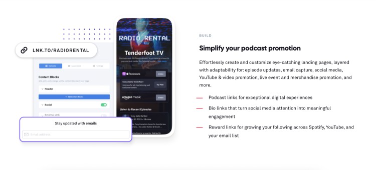 Screenshot of a digital tool showing podcast landing pages, email signup blocks, and promotional links designed to help creators create a podcast presence and promote episodes across platforms.