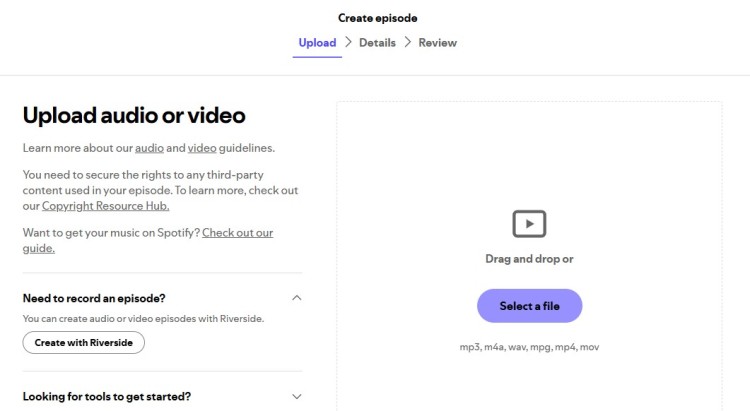 Upload audio or video directly to spotify using the podcast episode upload dashboard.