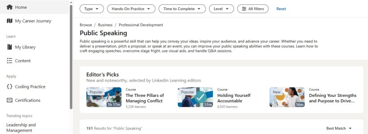 Useful public speaking courses on LinkedIn Learning showing editor’s picks and professional development options for improving presentation and communication skills.