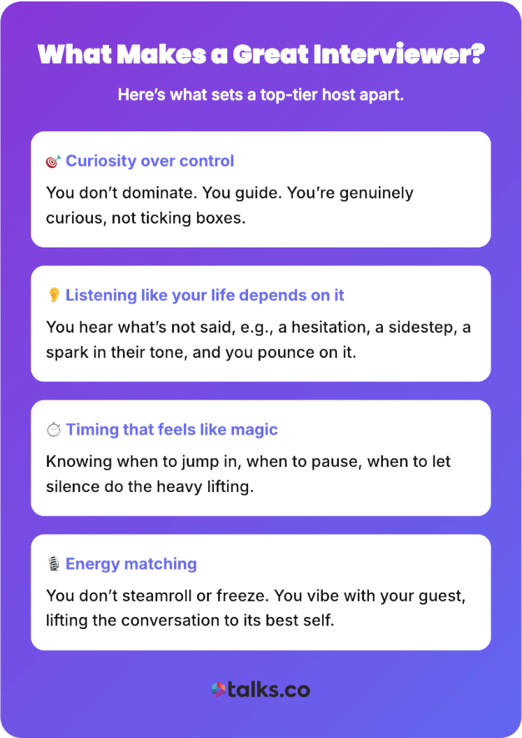 Infographic explaining what makes a great interviewer, including curiosity, listening, timing, and energy matching
