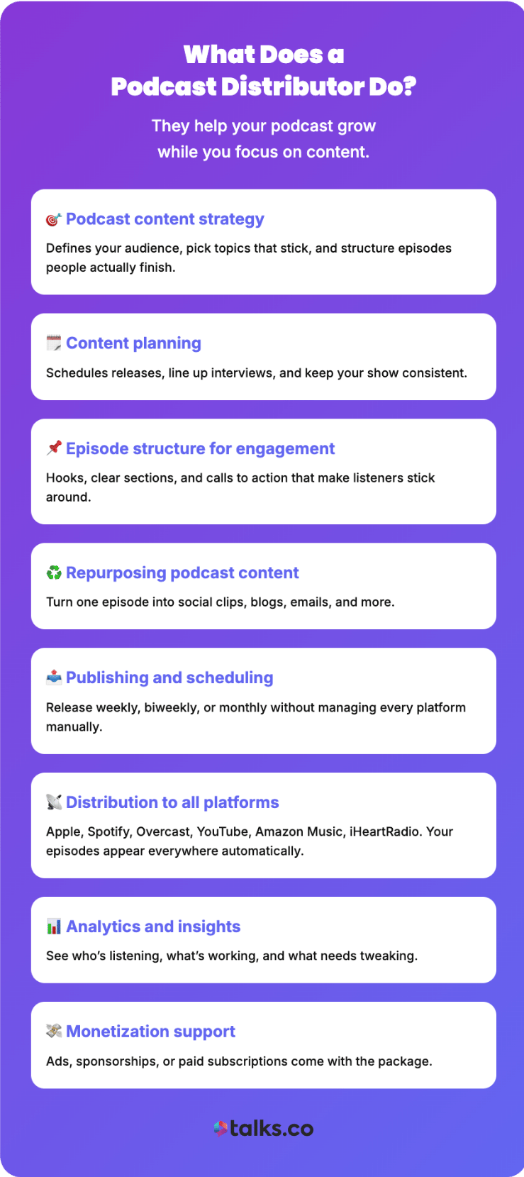 Infographic explaining what podcast distributors do for podcasters, including publishing, analytics, and monetization
