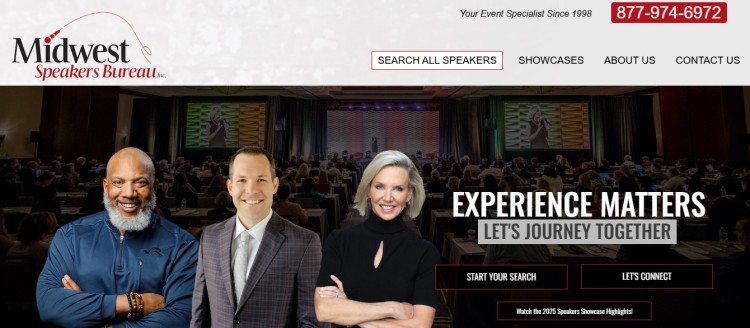 Homepage of a speakers bureau showing professional presenters and highlighting working with a speakers bureau