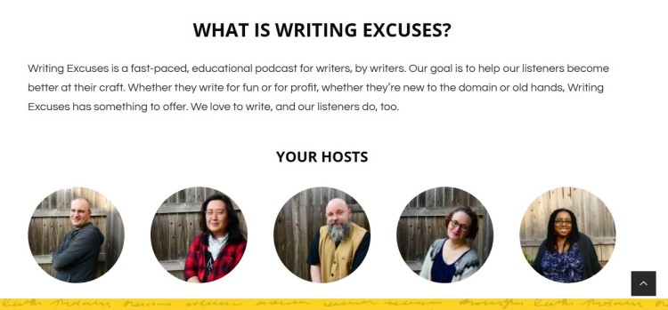 Writing Excuses podcast introduction showing the hosts, highlighting that the show is podcasting made specifically for writers who want to improve their craft.