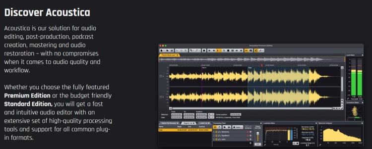 Acoustica audio editing software interface designed for podcast creation, showing waveform editing and audio processing tools