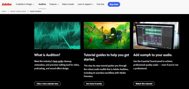 Adobe Audition podcasting software interface showing audio cleanup, editing tools, and tutorials for podcast production.