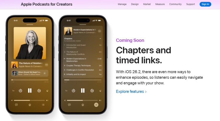Apple Podcasts mobile app showing chapters and timed links that help listeners navigate episodes more easily.
