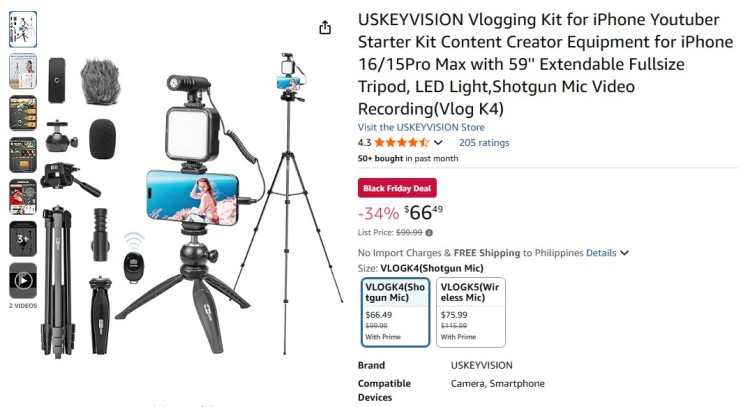 Best podcast equipment bundle showing a USKEYVISION vlogging kit with tripod, LED light, shotgun microphone, phone mount, and accessories for mobile podcast recording.