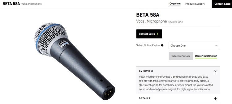 Shure Beta 58A vocal microphone product image designed for performers who sing or speak, showing the grille and handheld body.