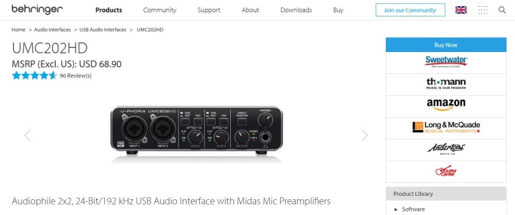 USB audio interface designed to improve audio quality for podcasting and recording, showing the Behringer UMC202HD with front panel controls.