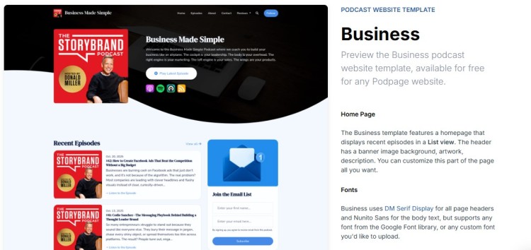 Business-focused podcast template homepage showing recent episodes, email signup, and a clean layout for professional podcast branding.