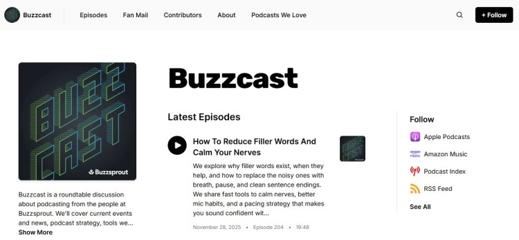 Buzzcast podcast website layout showcasing a free to use podcast page with latest episodes, follow links, and a clean editorial design.
