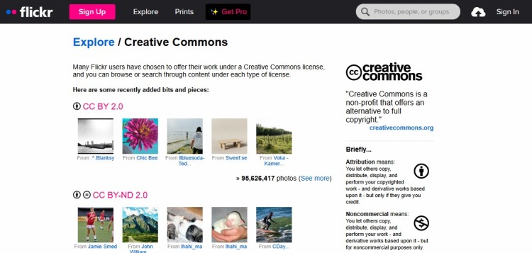 Flickr Creative Commons page showing images and licenses that make content available to the public