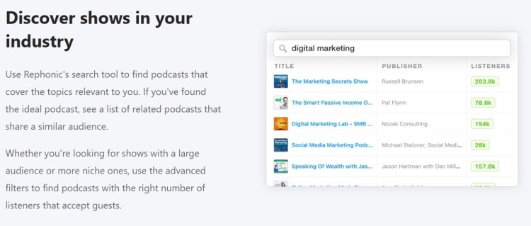 Search tool interface showing how creators can discover many podcast shows in their industry by audience size and topic.