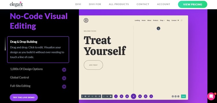 Divi no-code visual editor interface showing drag-and-drop tools for website creation without writing code.