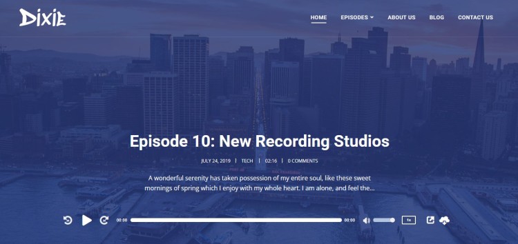 Dixie podcast site episode page showing a featured audio player, episode title, and city skyline background.